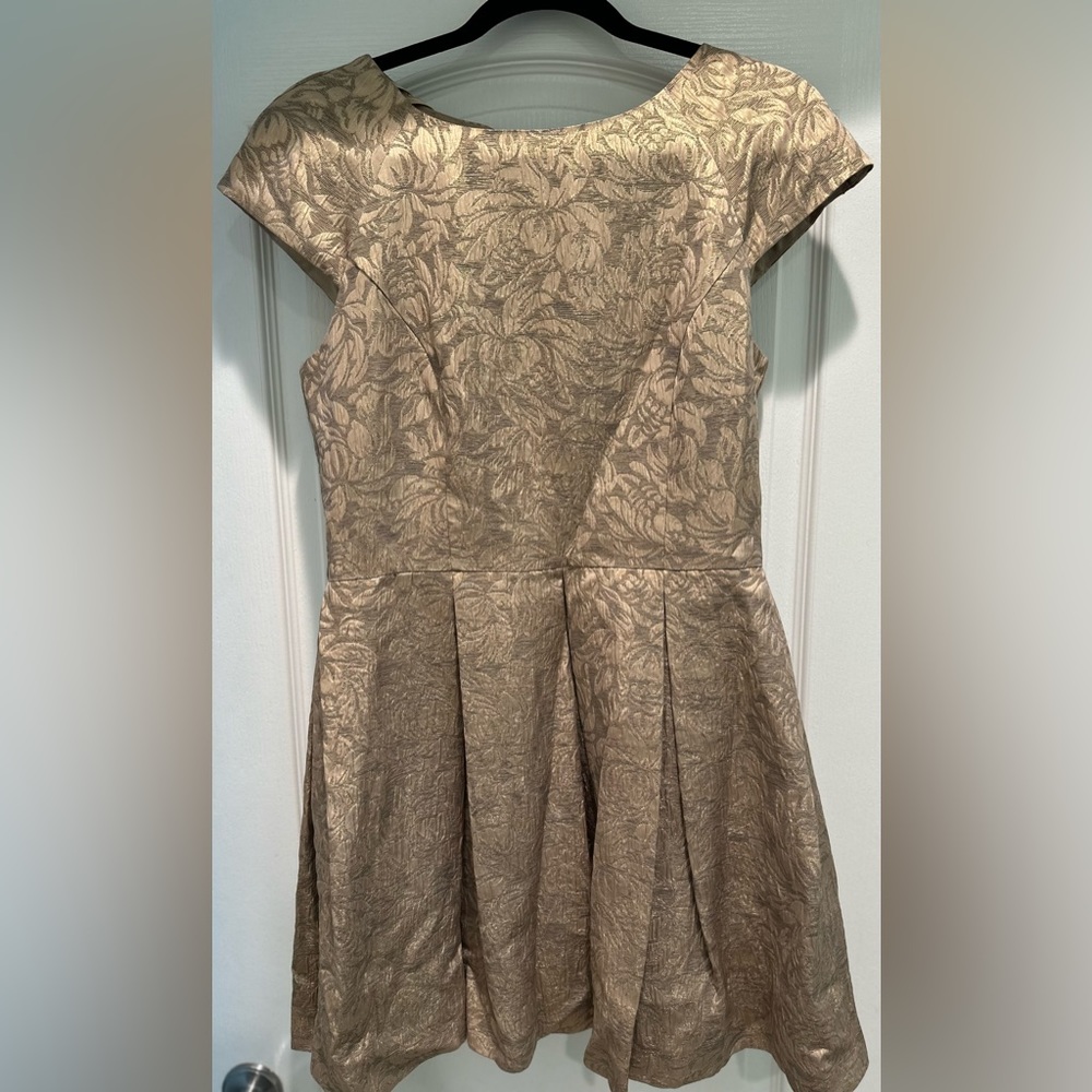 French Connection gold brocade skater dress